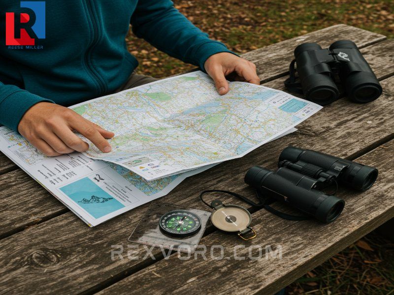 hiker-studies-a-topo-map-compass-and-binoculars-on-a-table-while-planning-a-hike