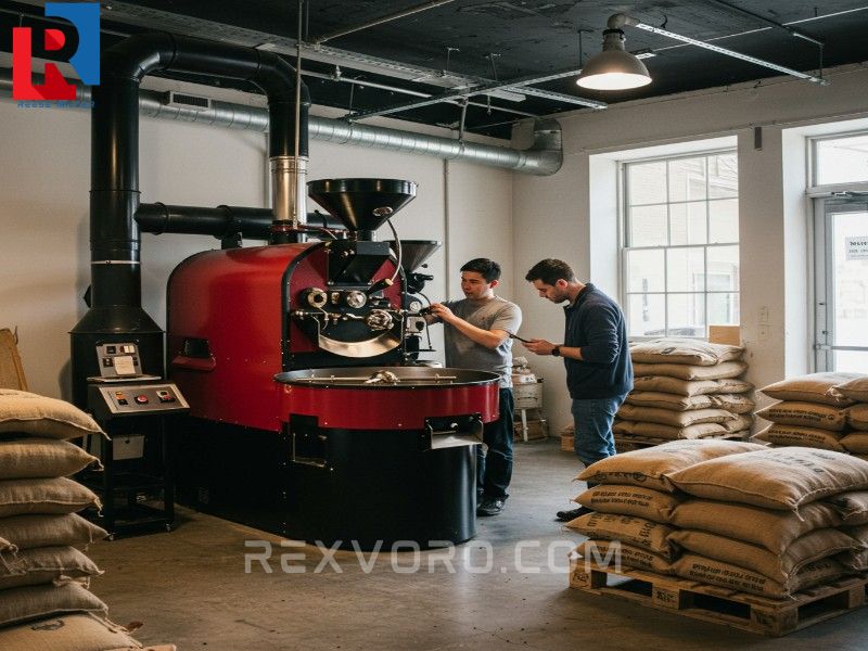 inside-a-brooklyn-coffee-roastery-a-gleaming-red-roasting-machine-coffee-sacks-and-a-roaster-overseeing