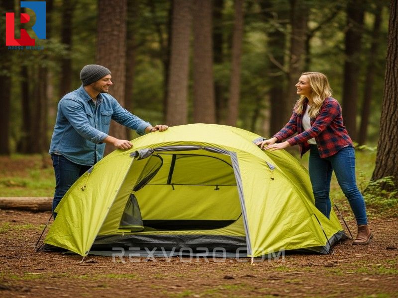 joyful-couple-setting-up-a-colorful-dome-tent-in-the-forest