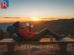 joyful-hiker-rests-on-a-bench-at-a-scenic-overlook-drinking-water-as-the-sun-sets