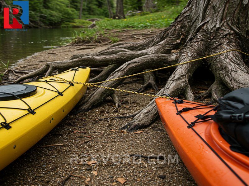 kayaker-securing-kayak-bow-line-to-a-sturdy-tree-root-on-the-shore