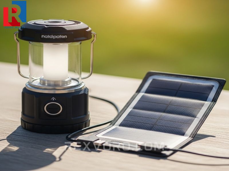 lampara-de-camping-recargable-y-panel-solar-flexible-conectados-por-usb-bajo-la-luz-del-sol