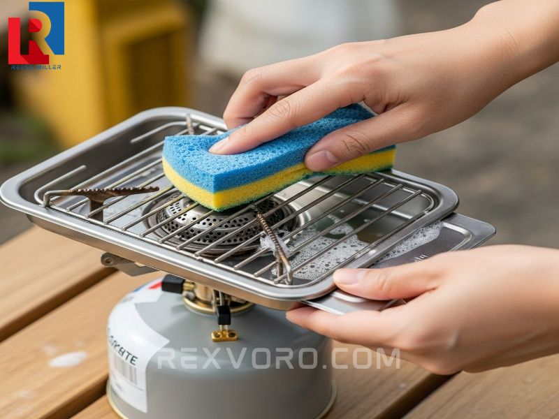 limpieza-de-la-rejilla-y-bandeja-de-goteo-de-un-quemador-de-butano-de-camping-con-esponja-y-agua-jabonosa