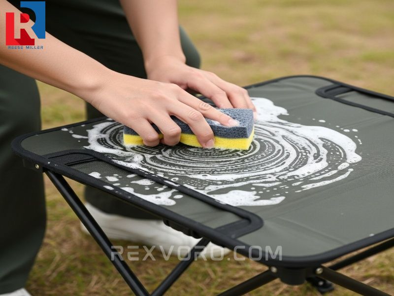 limpieza-de-una-silla-de-camping-de-poliester-de-alta-densidad-con-mesa-usando-una-esponja-y-agua-jabonosa