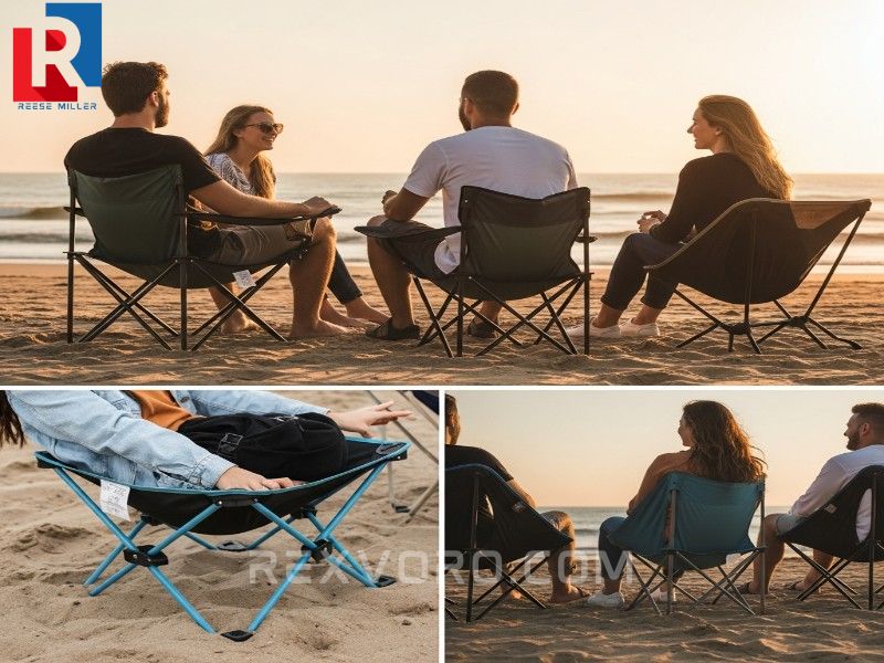 low-camping-chairs-folding-and-standard-portable-chairs-used-by-a-group-relaxing-on-a-beach-at-sunset