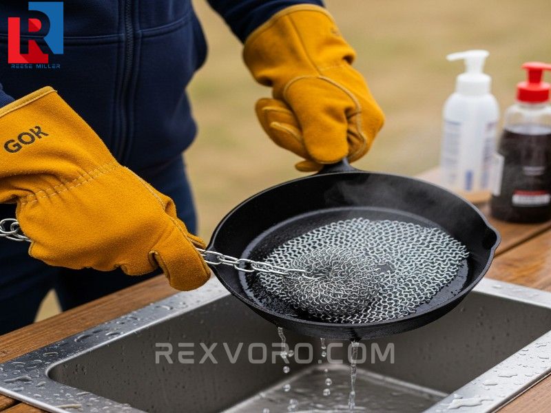 maintenance-of-a-campfire-cooking-kit-demonstrating-how-to-clean-a-cast-iron-skillet-with-a-chainmail-scrubber-after-cooking-over-fire