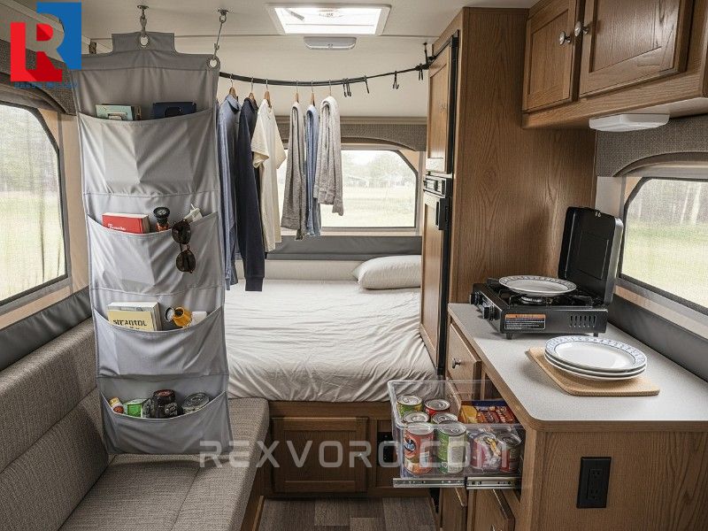 organized-interior-of-a-small-coleman-pop-up-camper-with-vertical-storage-and-hanging-organizers