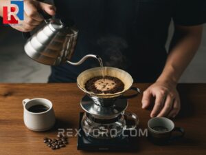 overhead-shot-of-a-hand-pouring-hot-water-into-a-v60-pour-over-coffee-setup