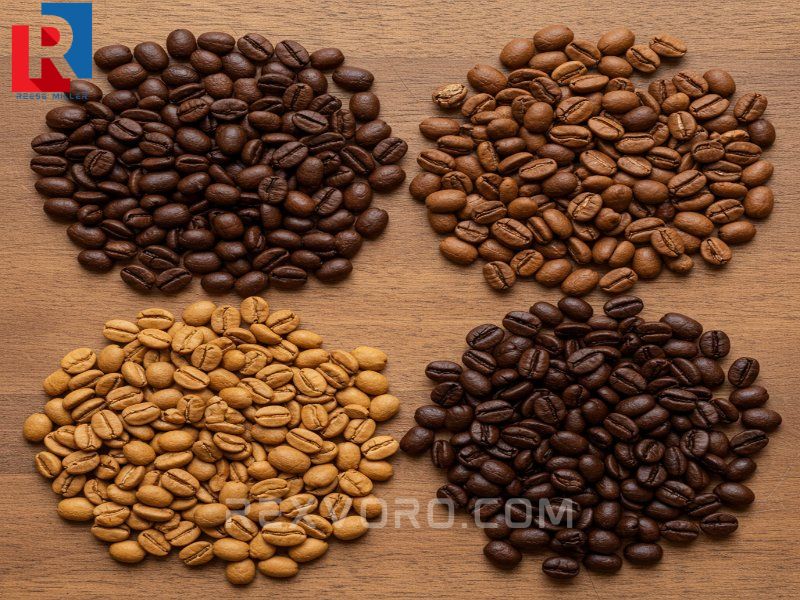 overhead-shot-of-four-types-of-roasted-coffee-beans-on-wood-showing-light-medium-and-dark-roasts