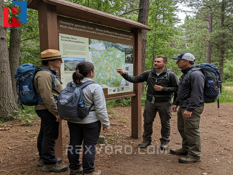 park-ranger-advises-hikers-at-a-trailhead-kiosk-pointing-to-a-map-of-local-hiking-and-camping-areas
