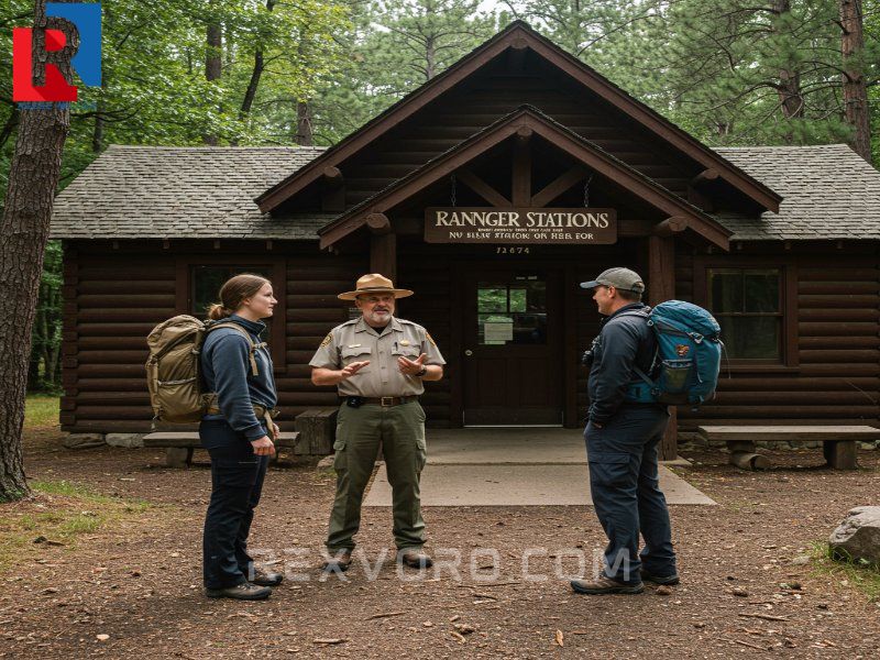 park-ranger-speaking-with-hikers-outside-a-rustic-ranger-station