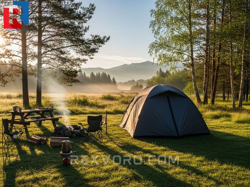 peaceful-morning-campsite-view-showing-a-dark-rest-blackout-camping-tent-providing-excellent-sleep