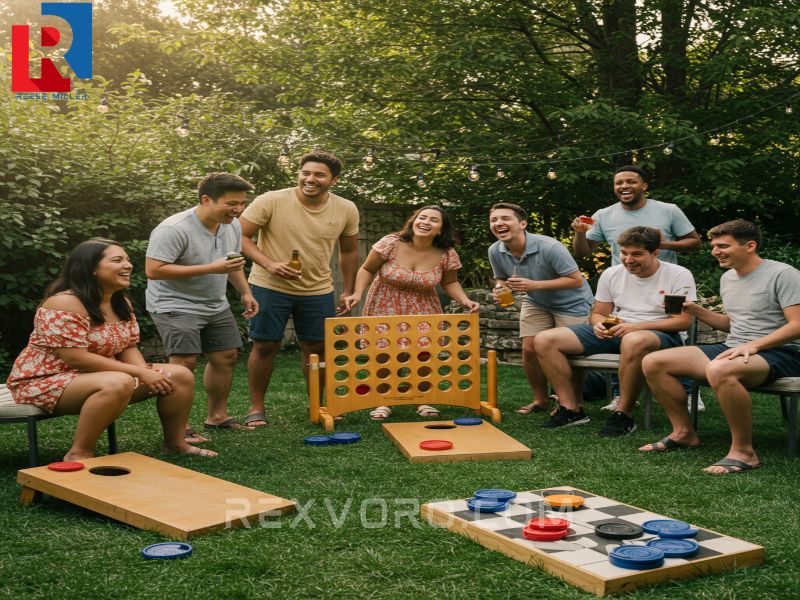 people-laughing-and-playing-cornhole-and-giant-checkers-in-a-sunny-backyard
