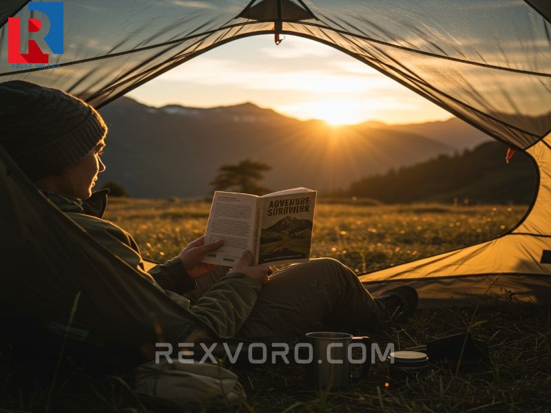 person-sitting-outside-a-tent-reading-a-paperback-book-in-the-mountains-at-golden-hour