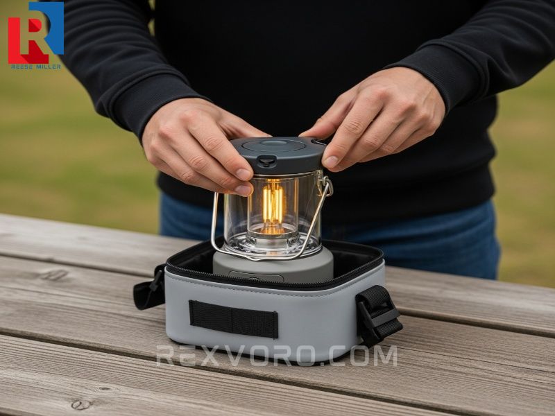 persona-colocando-linterna-de-camping-recargable-en-contenedor-de-almacenamiento-acolchado-e-impermeable