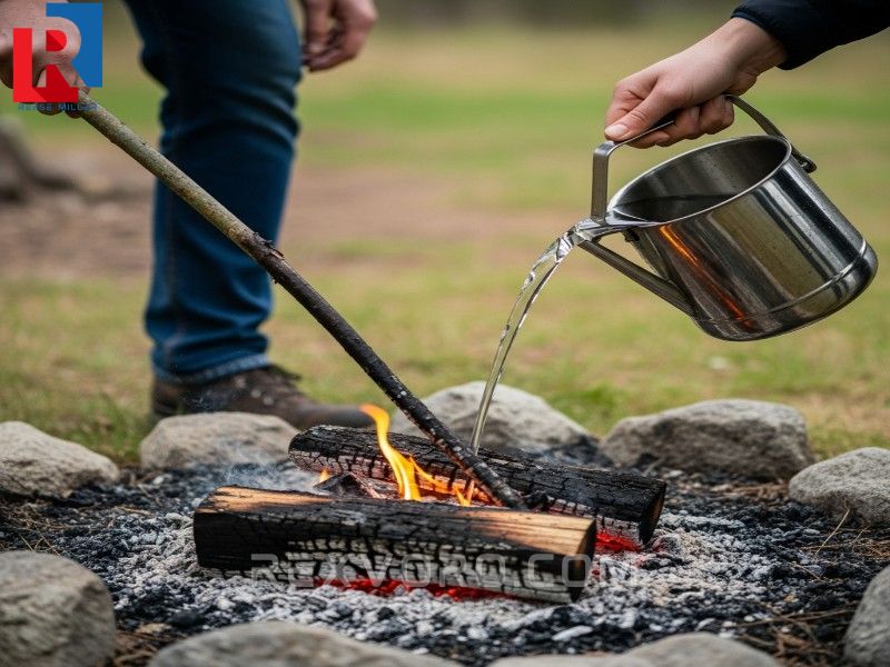 persona-responsable-apagando-completamente-una-fogata-con-agua-y-un-palo