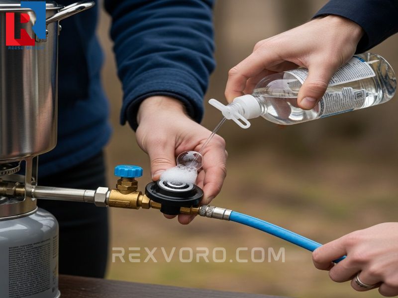 persona-revisando-la-conexion-de-la-manguera-y-el-regulador-de-un-quemador-de-propano-con-agua-jabonosa