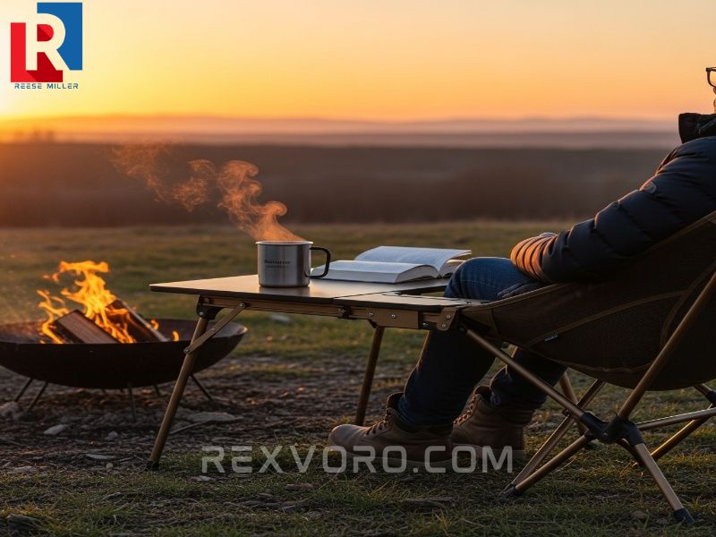 persona-sentada-en-silla-de-camping-con-mesa-junto-a-fogata-al-atardecer-con-taza-y-libro