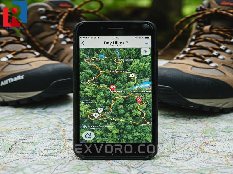 phone-screen-displaying-a-hiking-gps-map-and-trails-next-to-boots-and-a-paper-map
