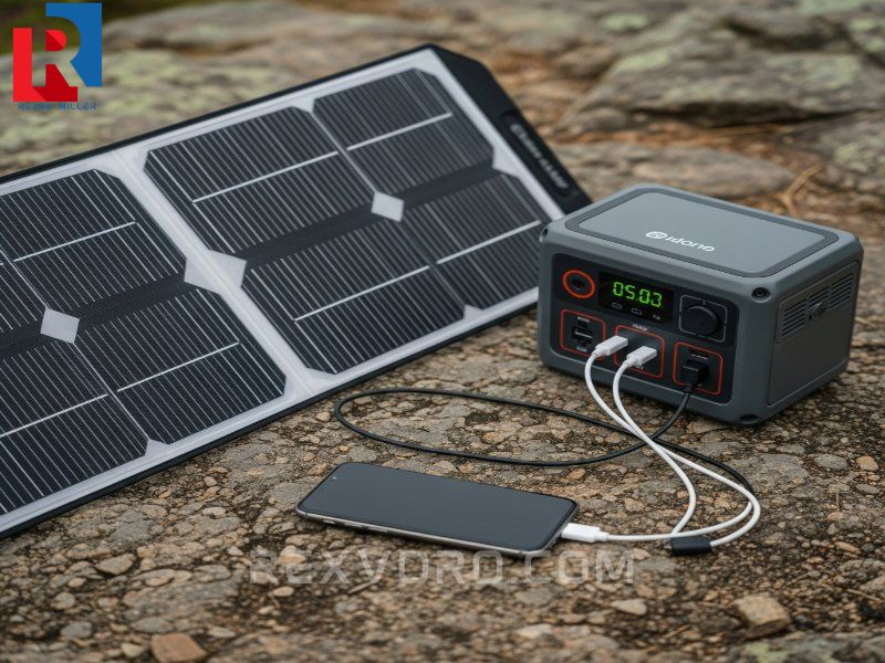 portable-power-station-charging-a-smartphone-next-to-a-solar-panel-on-a-rocky-campsite