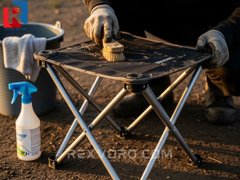 proper-cleaning-technique-for-a-collapsible-camp-stool-frame-and-durable-fabric-after-use-in-muddy-conditions