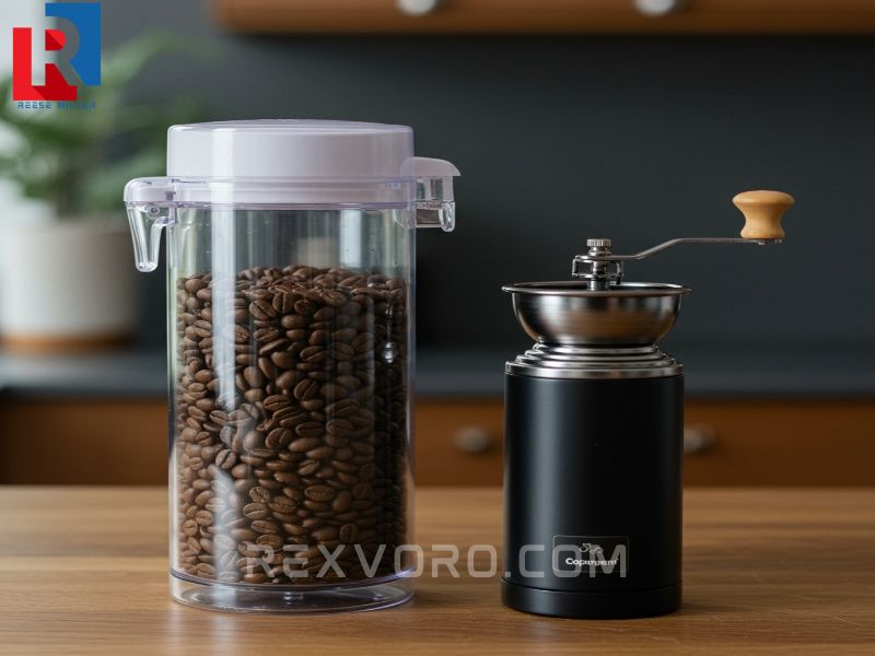 proper-storage-of-roasted-coffee-beans-coffee-in-an-airtight-container-next-to-a-burr-grinder