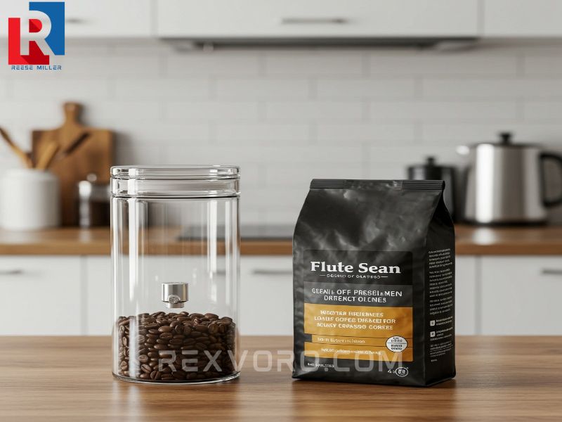 properly-stored-medium-roast-coffee-beans-in-a-sealed-opaque-canister-and-a-bag-on-a-counter