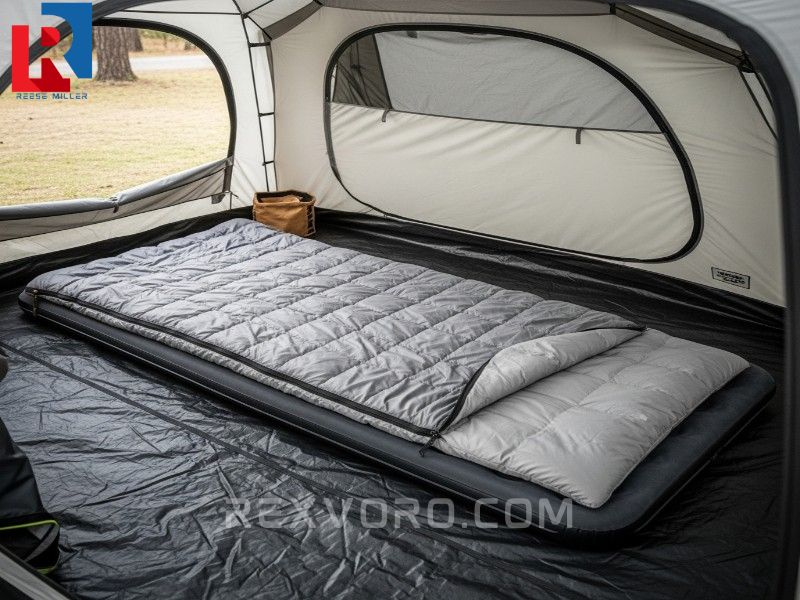 saco-de-dormir-rectangular-extragrande-sobre-colchon-de-aire-dentro-de-una-espaciosa-tienda-de-campana