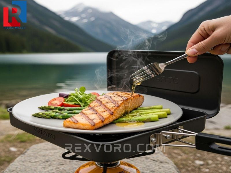 salmon-y-esparragos-gourmet-cocinados-en-una-sarten-portatil-con-un-lago-de-montana-de-fondo