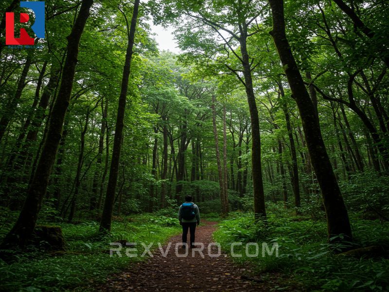 serene-person-on-a-trail-looking-into-a-dense-green-forest