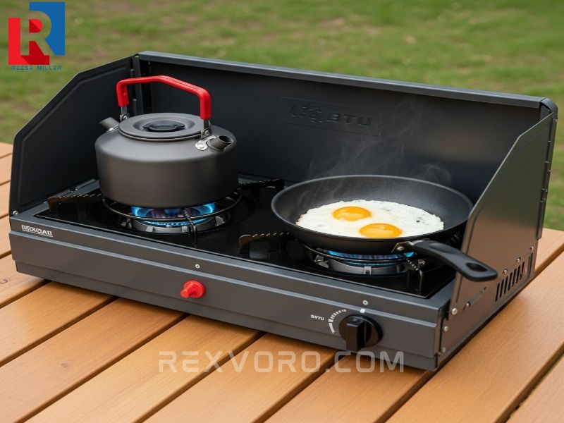 silbato-de-propano-de-doble-quemador-hirviendo-agua-y-friendo-huevos-en-una-mesa-de-picnic