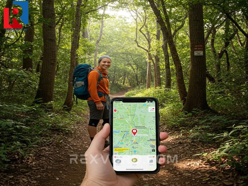 smiling-hiker-checks-gps-map-on-phone-before-entering-a-dense-forest-trail