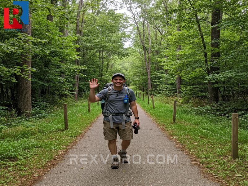 smiling-hiker-waving-goodbye-on-a-flat-tree-lined-path-carrying-a-backpack-and-water-bottle