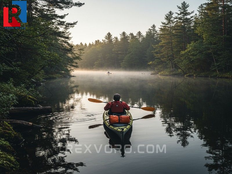 solo-kayaker-paddling-away-from-a-pristine-forest-campsite-on-a-calm-morning-lake