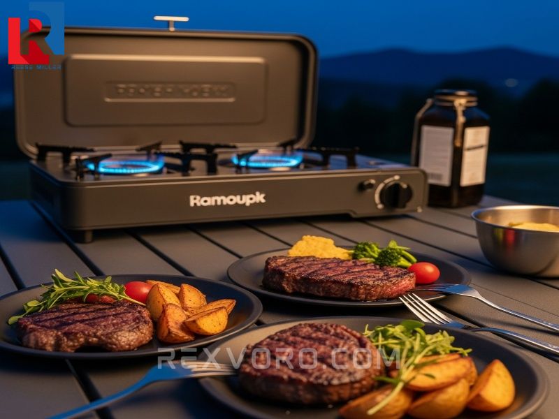 steak-and-potatoes-gourmet-meal-on-camping-plates-with-a-gas-cooker-outdoors-at-twilight