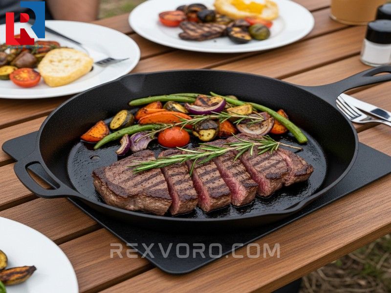 steaks-y-verduras-asadas-en-una-sarten-de-hierro-fundido-sobre-una-mesa-de-picnic-en-un-campamento