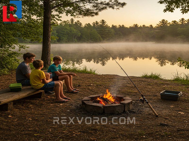 sunrise-campsite-by-a-lake-with-a-roaring-campfire-and-a-fishing-rod