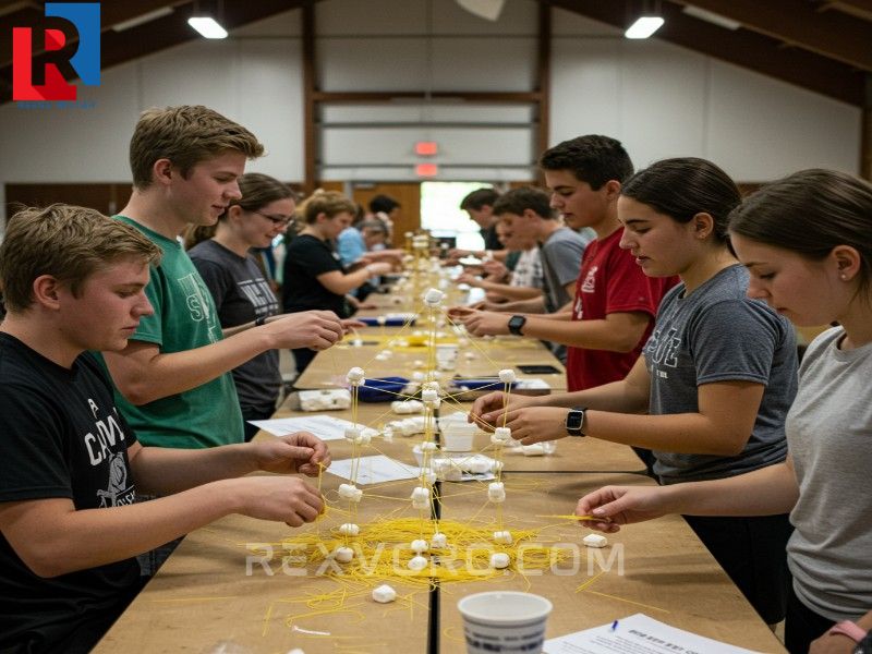 teens-intensely-building-spaghetti-and-marshmallow-towers-during-an-indoor-camp-challenge