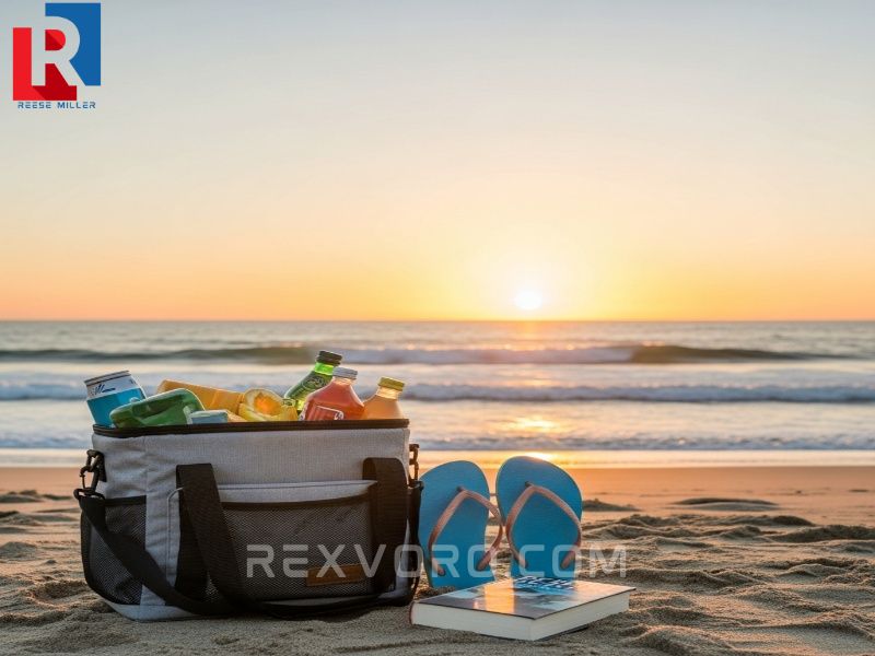 the-best-beach-cooler-bag-resting-on-the-sand-during-sunset-symbolizing-a-successful-and-relaxed-day-achieved-through-the-use-of-a-reliable-top-rated-beach-cooler