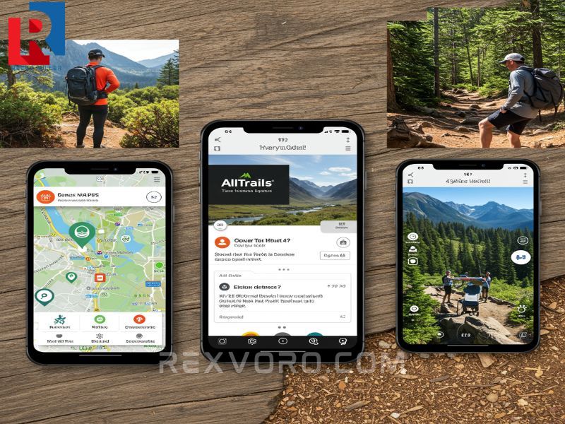 three-phone-screens-displaying-hiking-apps-with-maps-reviews-and-difficulty-ratings