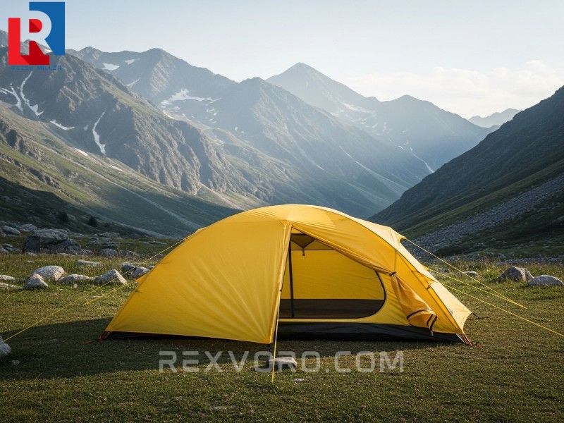 vibrant-yellow-free-standing-tent-pitched-perfectly-on-grass-in-a-mountain-valley