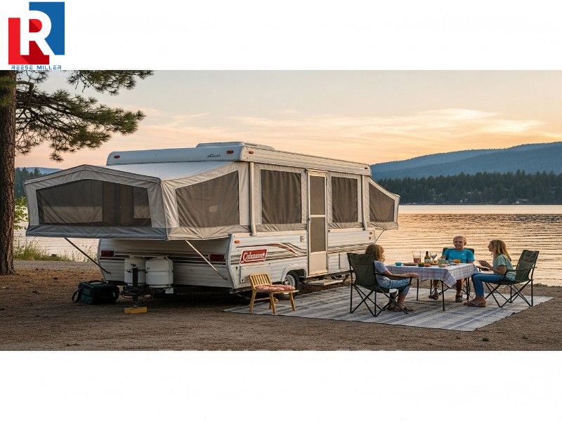 vintage-coleman-pop-up-camper-at-a-scenic-lake-campsite-during-sunset-with-a-family-enjoying-a-meal
