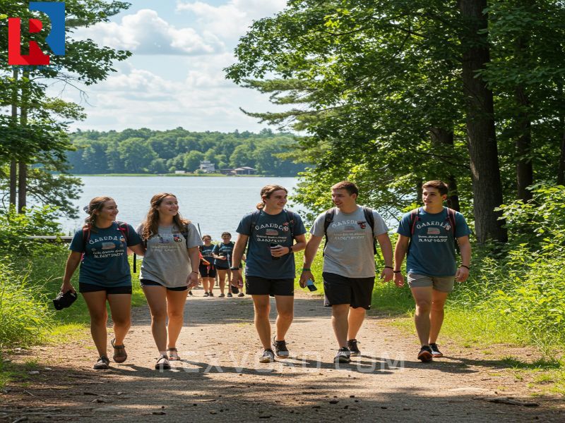 warm-panoramic-view-of-happy-summer-campers-walking-on-a-path-toward-a-lake-at-sunset