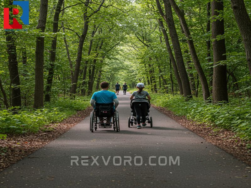 wheelchair-user-and-stroller-on-a-wide-paved-accessible-forest-trail